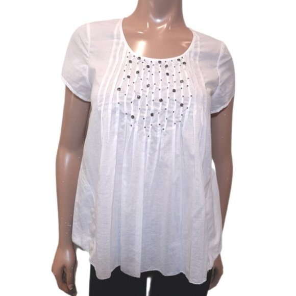 REBECCA TAYLOR Pintucked Blouse Short Sleeve Smoky Gem Embellished A-Line Top - Picture 1 of 14